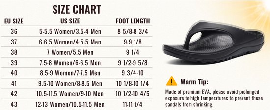 Maattabel voor slippers en een zwarte slipper met ergonomisch ontwerp.