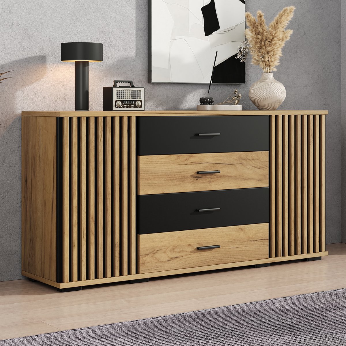Sweiko Dressoir - Halmeubel - 4 lades - 2 deuren - Verstelbare planken - Houtnerfafwerking - 140 x 35 x 70 cm - Naturel + Zwart