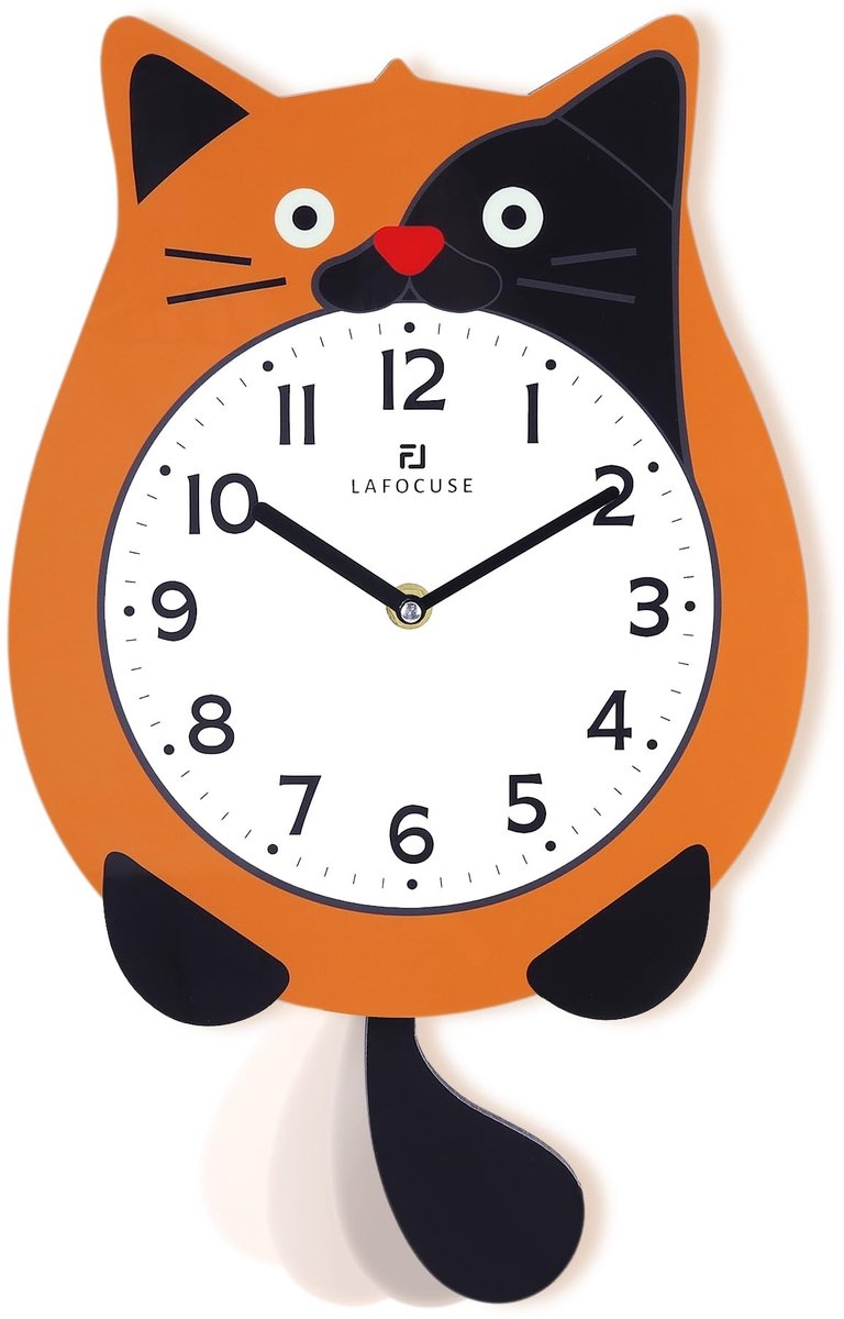 Omgoods - Schattige Kinder Wandklok met Zwemmende Staart en Oranje Kat Ontwerp