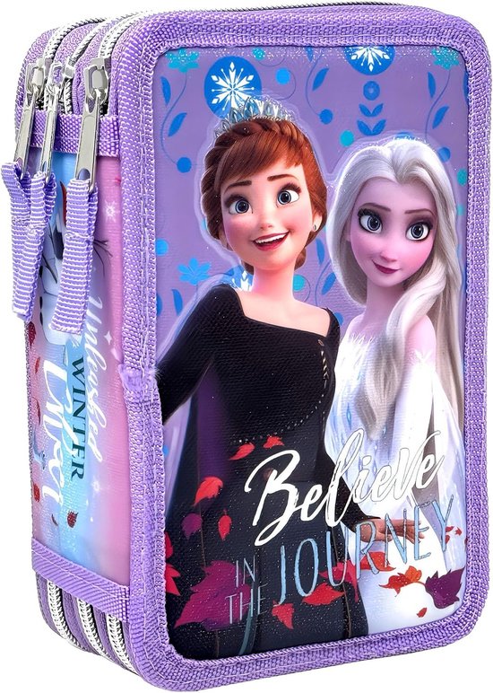 Etui 3D 3-Vaks – Paars – 44-Delige Gevulde Pennenzak – Voor Frozen Fans – Schoolset met Kleurpotloden - Stiften - Linialen – Voor Meisjes en Kinderen - Elsa en Anna