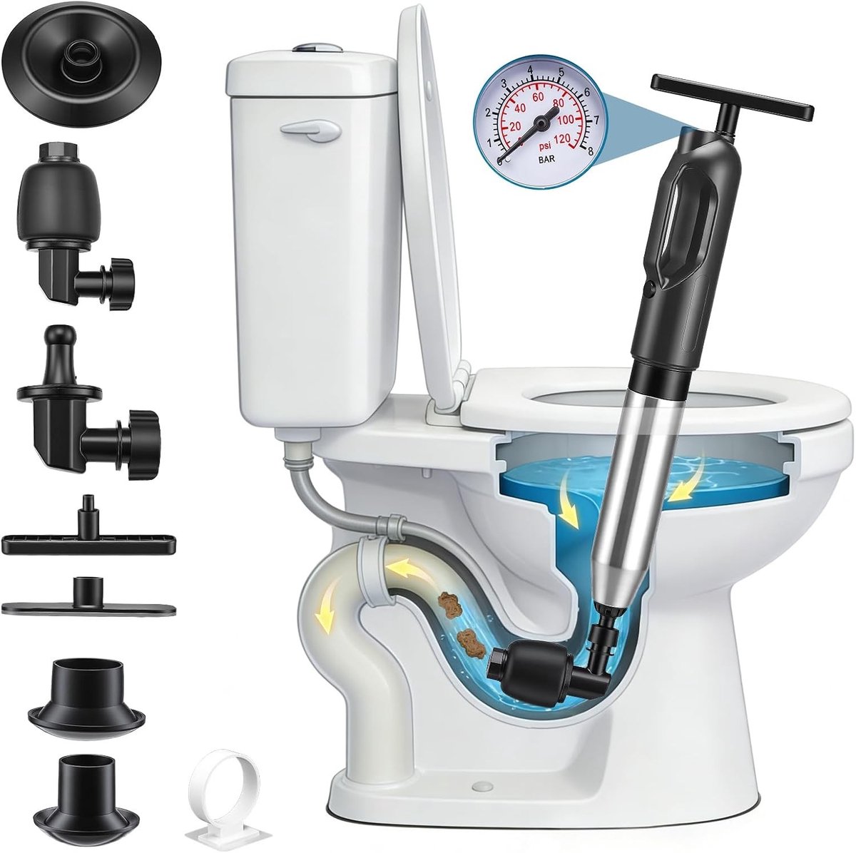 Thijox - WC-ontstopper met hoge druk zuignap en barometer - Professionele ontstopper voor toilet, badkamer en keuken - Blauw, effectief en gebruiksvri