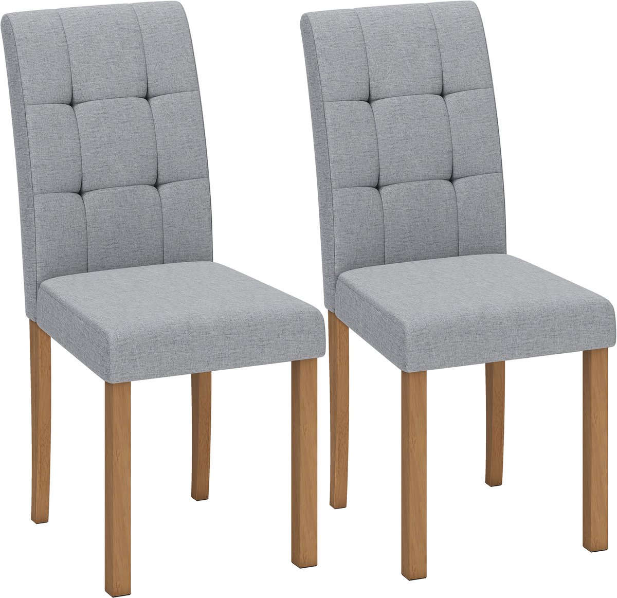et van 2 eetkamerstoelen , gestoffeerde eetkamerstoel van stof met houten poten en gevoerde zitting, lichtgrijs