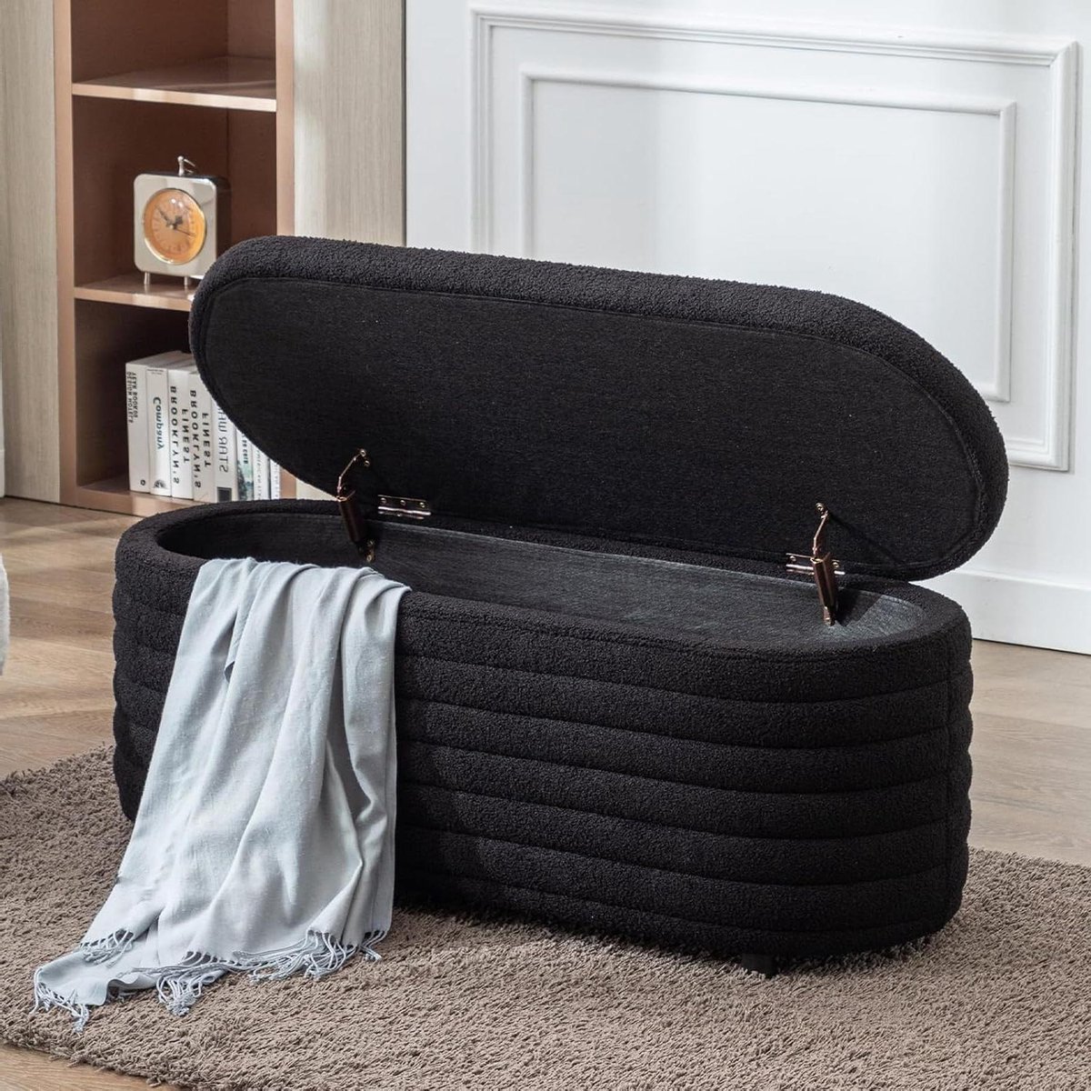 Zitbank met opbergruimte - Opbergkruk poef - Woonkamer inrichting - Zacht kunstbont materiaal - 1155 cm breed - Zwart