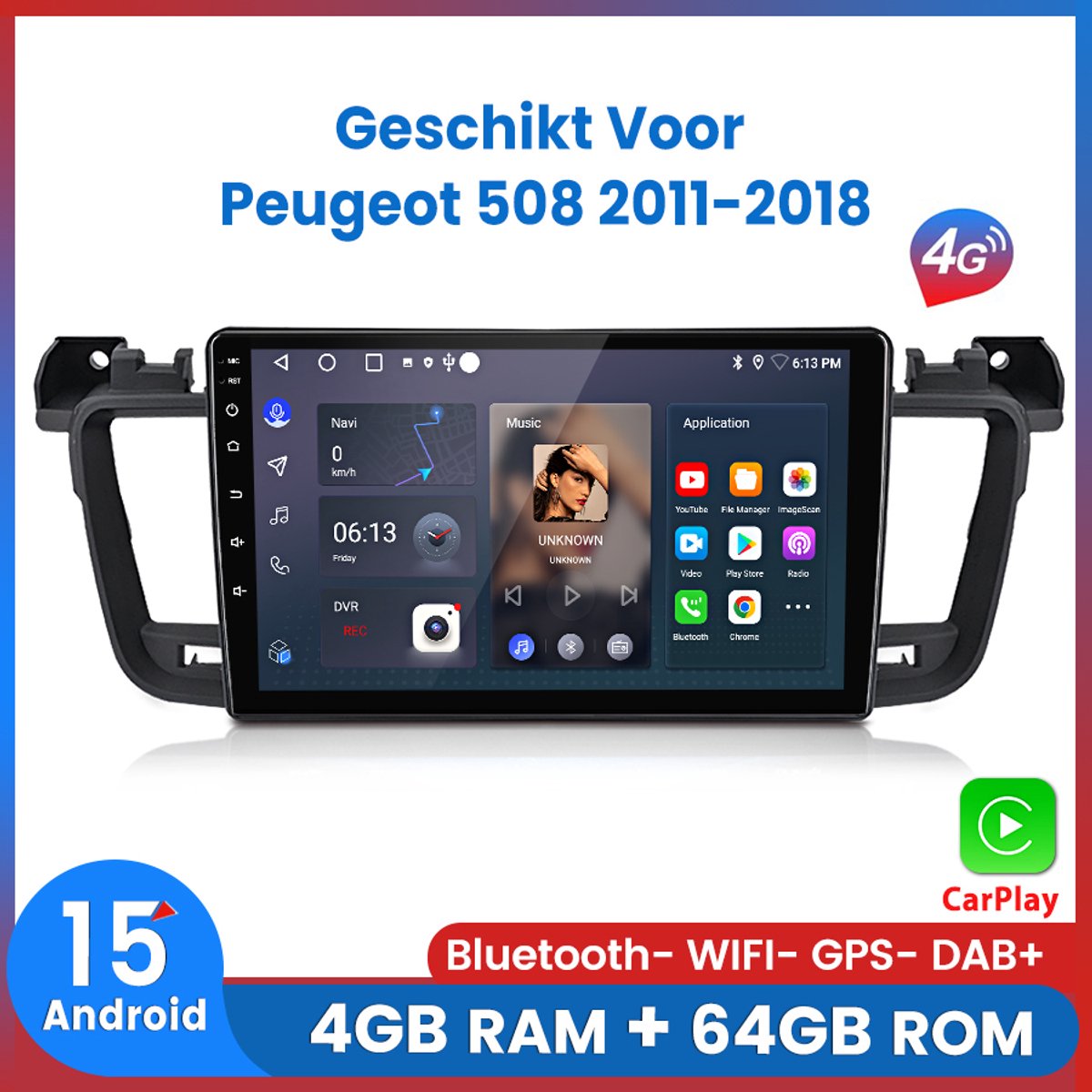 Awesafe 8-Core 4+64GB Autoradio - Geschikt Voor Peugeot 508 2011 t/m 2018 - Draadloze Carplay Android Auto - Touchscreen - GPS Navigatie 4G WiFi - Bluetooth Radio - Ondersteuning invoegen 4G SIM - 2011 2012 2013 2014 2015 2016 2017 2018