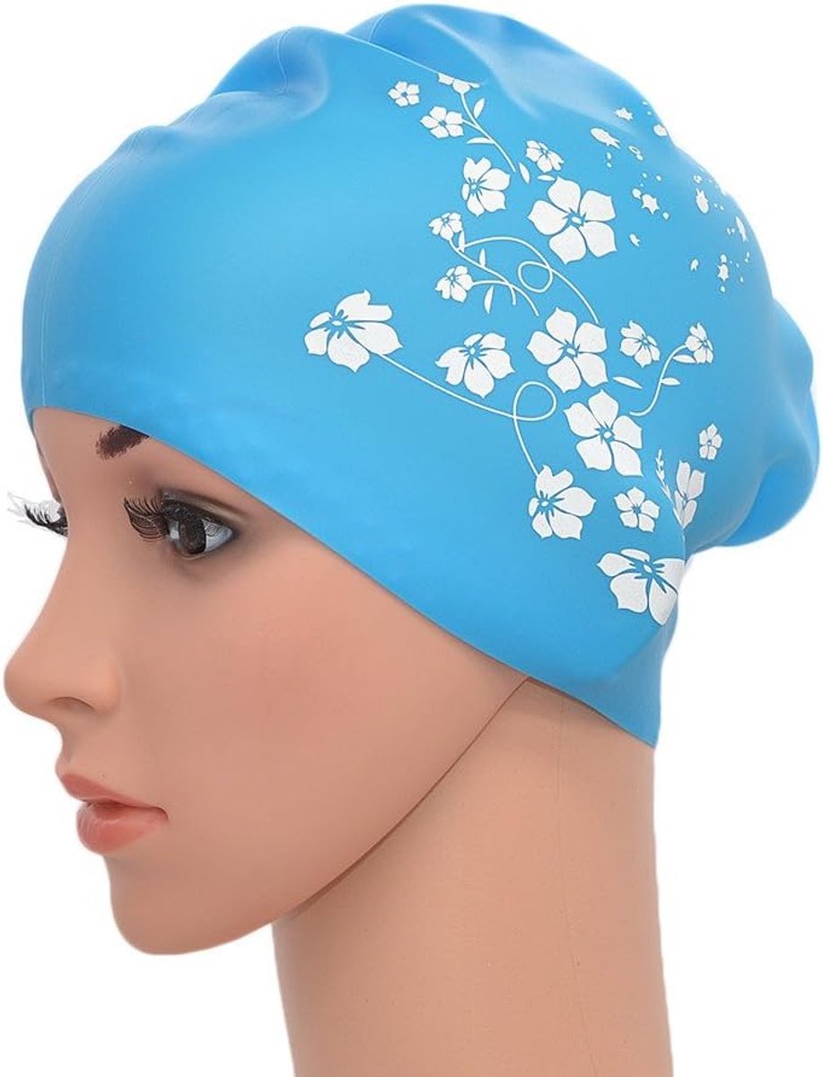 Dames Elastische Siliconen Water Zwembad Zwembad Hoed Cap Oor Wrap Hoed voor Lang Haar Volwassenen Sakura Print (Sky Blue)