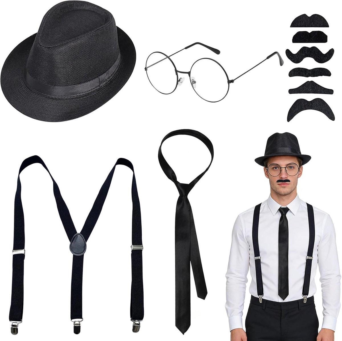 5 stuks Agent kostuum accessoires, mannen in zwart kostuum, accessoireset voor agenten, geheime dienst kostuumset Spy Costumes accessoires met hoed, bretels, zwarte stropdas, bril, Baff