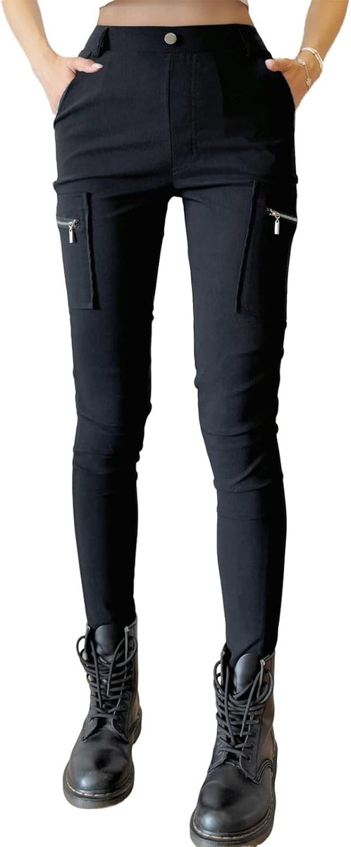 Slimfit cargobroek voor dames, ritssluiting, hoge taille, stretch, pull-on, skinny cargo broek, riemlussen, streetwear, dagelijks gebruik