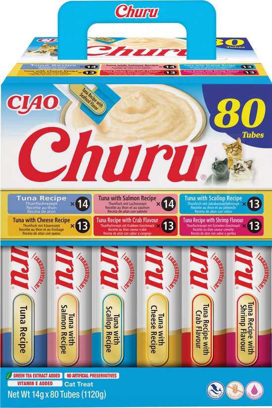 Doos met 80 stuks INABA Churu kattensnacks, met diverse smaken tonijn en zalm, kaas, krab, Sint-jakobsschelp en garnaal.