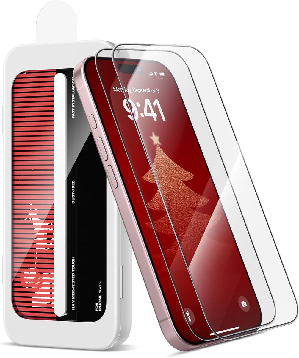 2-pack schermbeschermer compatibel met iPhone 15/16 6,1 inch gehard glas, 9H + hardheid, HD helder, vingerafdrukbestendig, militaire onbreekbaar, met film-applicator voor vakantie