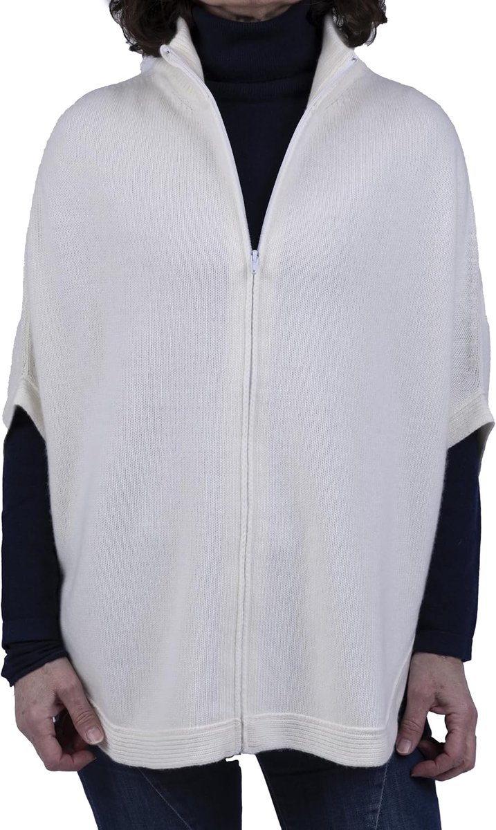 Poncho met ritssluiting, kasjmier-mix, dubbel garen, voor dames, gemaakt in Italië, merinowol, kasjmier, ritssluiting, zwart, beige, wit, blauw, grijs, gebreid, cape, sjaal, eenheidsmaat