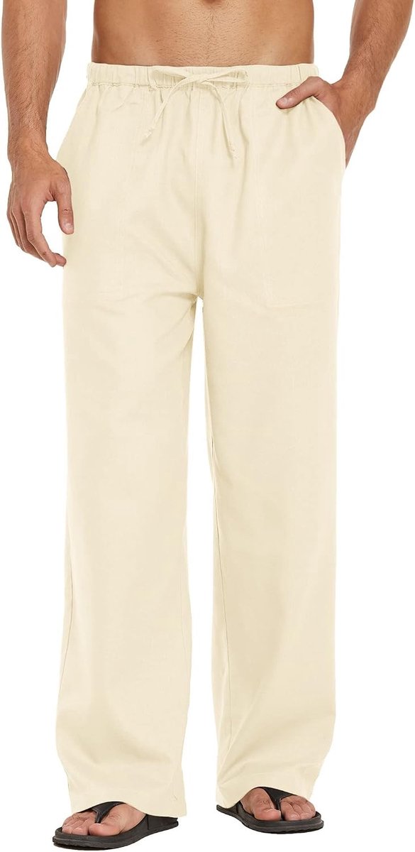 Lange linnen broek voor heren, lichte zomerbroek, strandbroek, elastische taille, yogabroek, vrijetijdsbroek met trekkoord, zakken, losse pasvorm