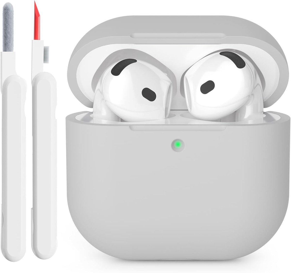 Hoes compatibel met AirPods 4 2024, zichtbare led aan de voorkant, schokbestendige zachte siliconen beschermhoes voor AirPods 4e generatie, met reinigingsset, grijs