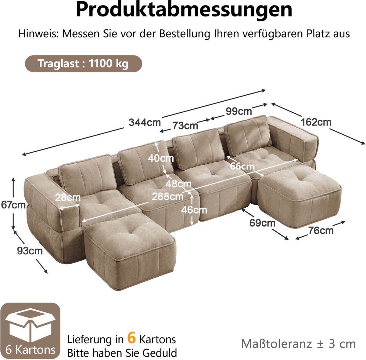 MIVRAY U Bank 344 x 162 x 67 cm - Modulaire 4 Zits Bank Met 2 Hockers En 32D Schuim - Voor Woonkamer En Gezinsruimte - Polyester - Sand