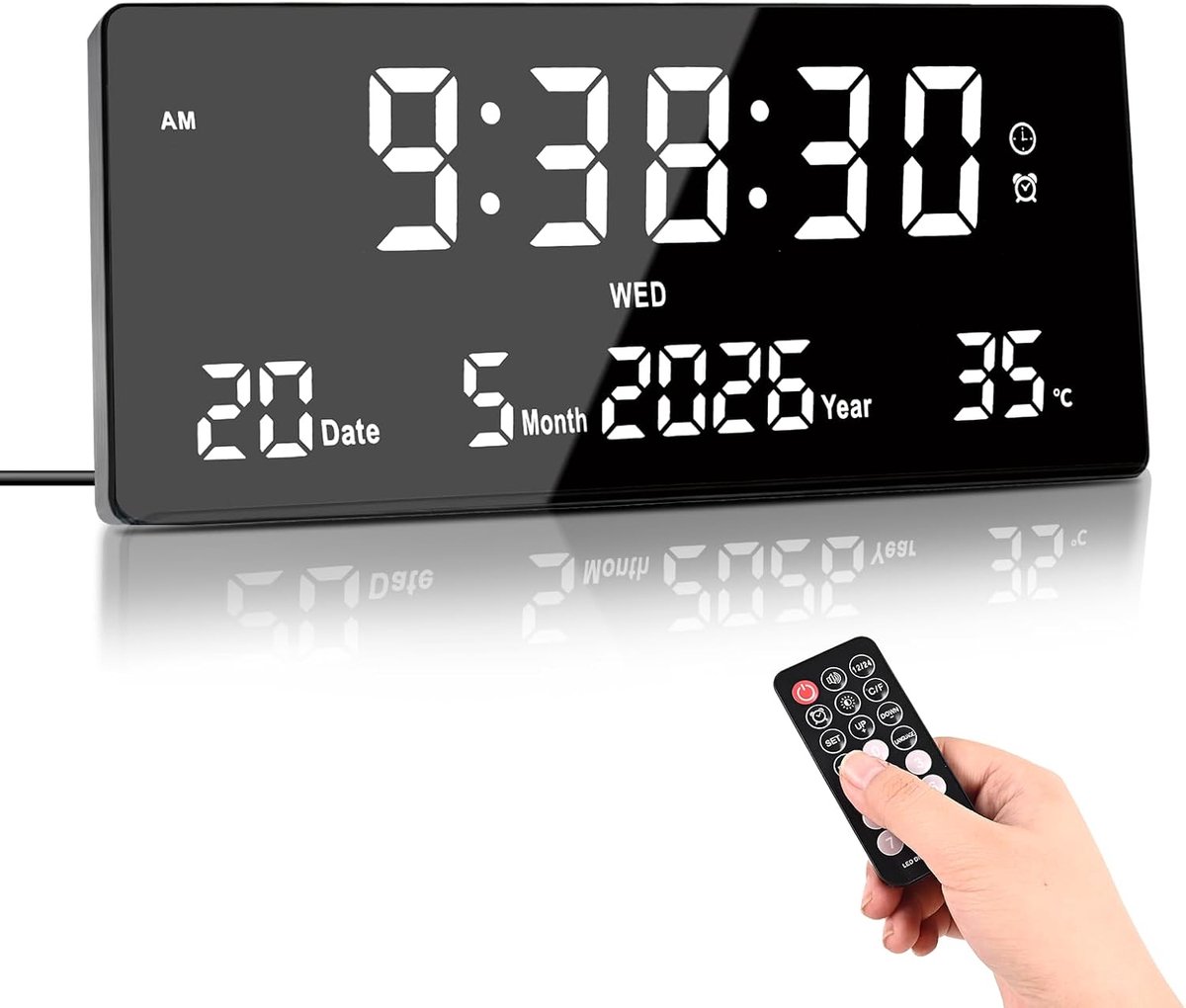 15" Digital LED Wandklok met Temperatuur, Datum, 6 Wekker, Afstandsbediening, Instelbare Helderheid,Wandklok Voor Woonkamer, Slaapkamer, Kantoor