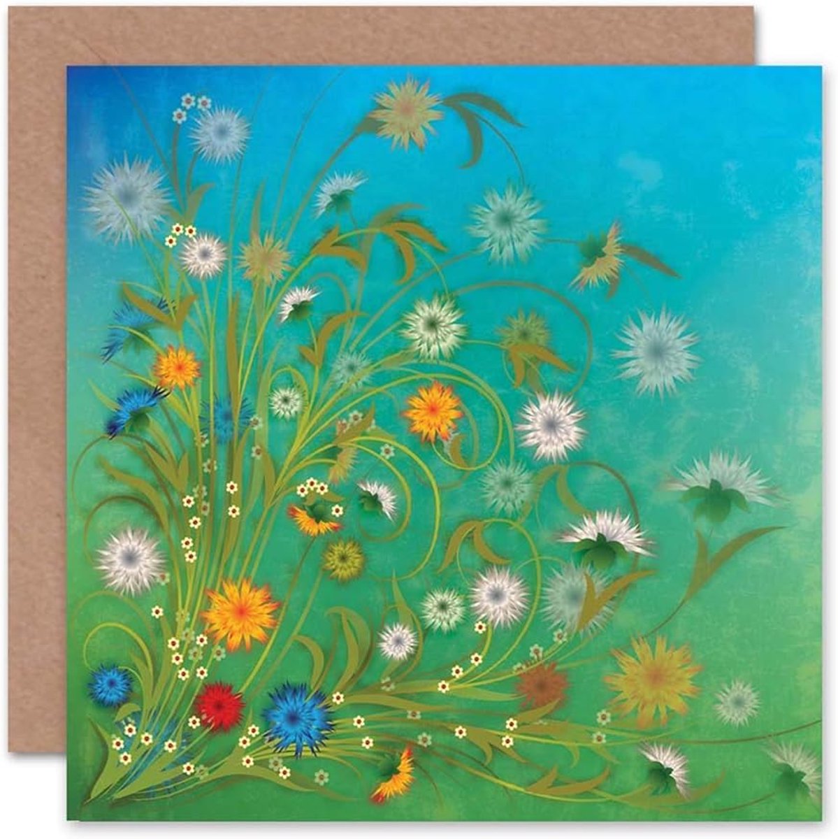 Blue Coo BLOEMEN KLEURRIJKE BLAUWE LUCHT GRAS BLANK GROETEN VERJAARDAG KAART ART