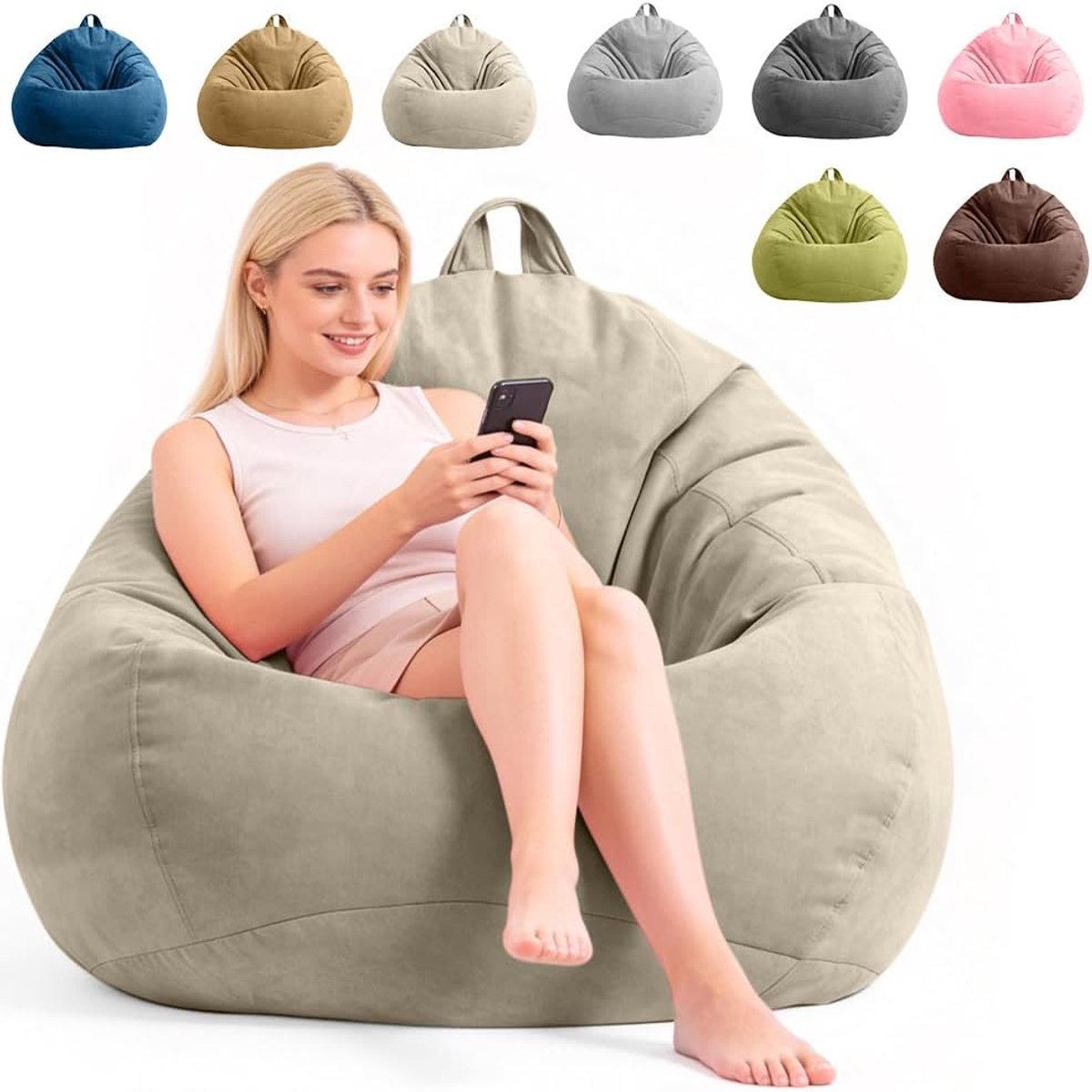 Zitzak XL, zitzakstoel in druppelvorm alleen hoes (zonder vulling), zitzakstoel voor volwassenen en kinderen, gaming zitzak voor woonkamer kinderkamer bank buitendecoratie (beige)