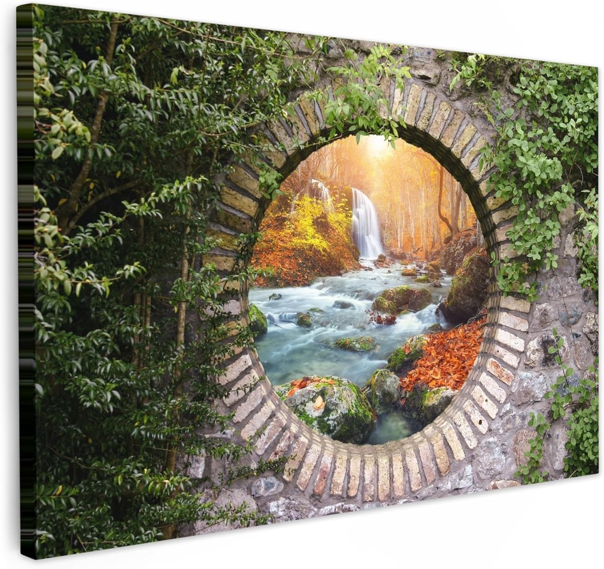 Canvas Schilderij 90x60 cm Kamer Decoratie Woonkamer Slaapkamer Room Decor Wanddecoratie Wall Art Painting Herfst - Waterval - Natuur - Doorkijk
