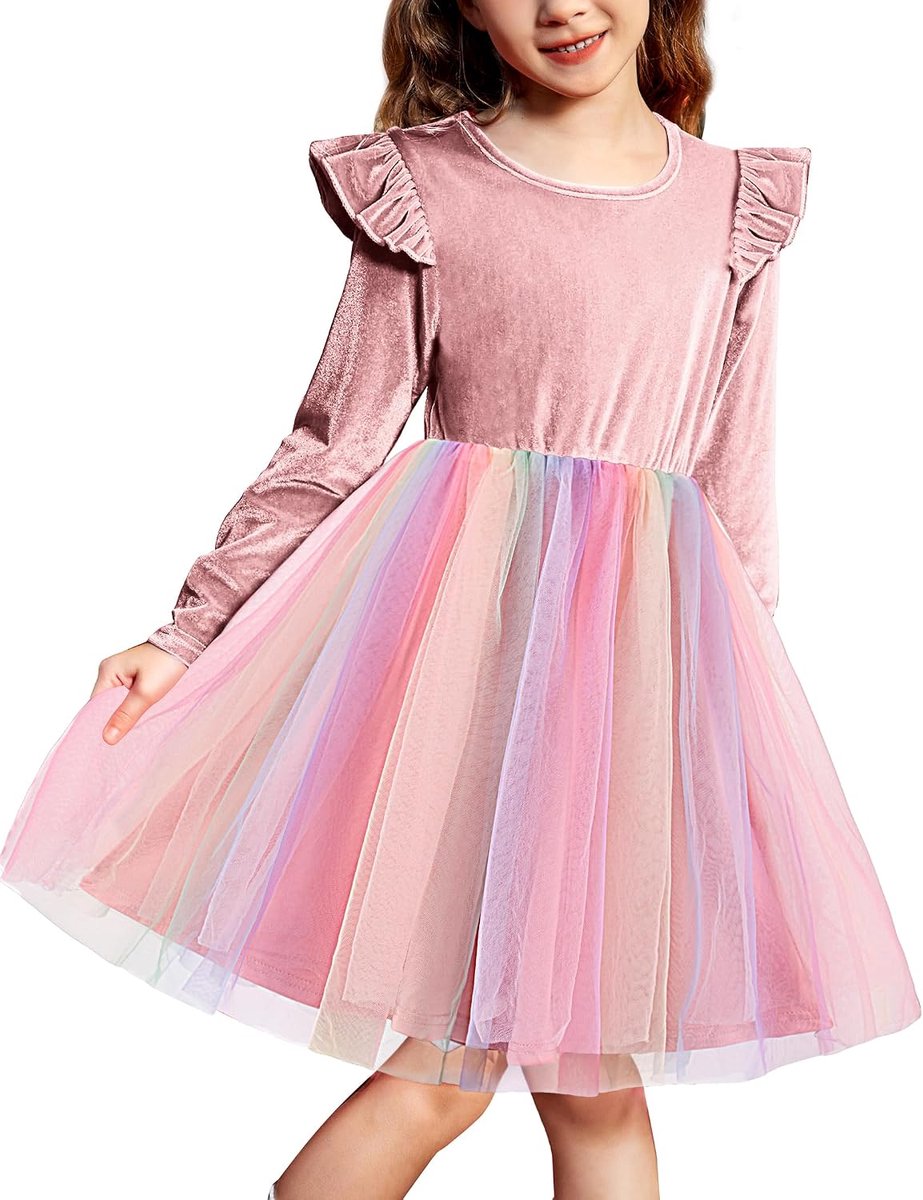 Meisjesjurk, fluwelen kinderjurk, feestelijke jurk met lange mouwen, tule jurk, verjaardagsjurk, prinsessenjurk