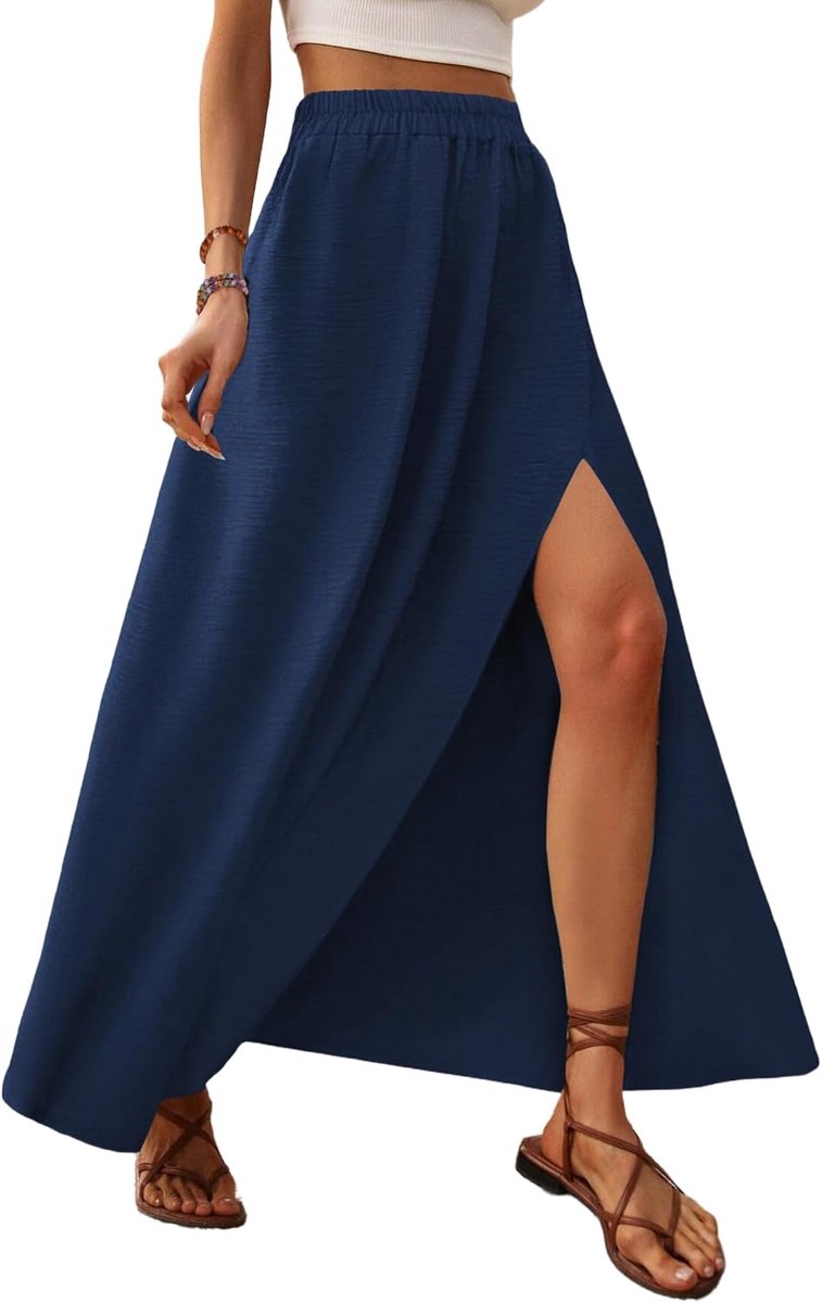 Lange zomerrok voor dames, maxi-rok, elegante rok met split, elastische hoge taille, A-lijn, dunne strandrok, S-XXL