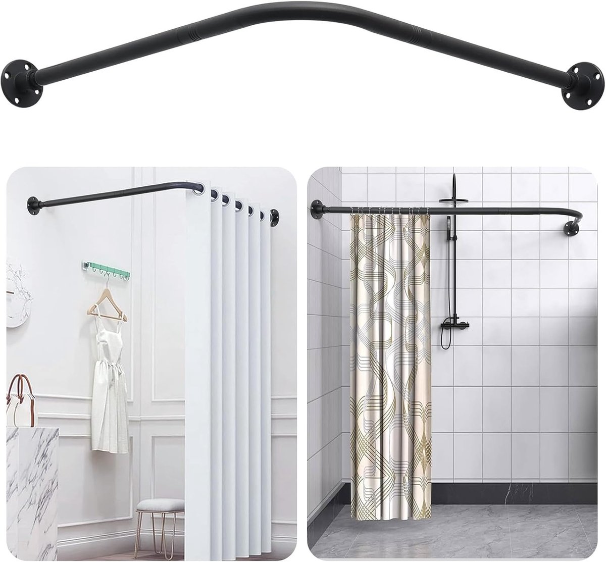 Douchegordijnstang, 60-85 cm hoekdouchegordijnstang, verstelbare douchegordijnstang voor badkamer, kledingwinkel, boorinstallatie