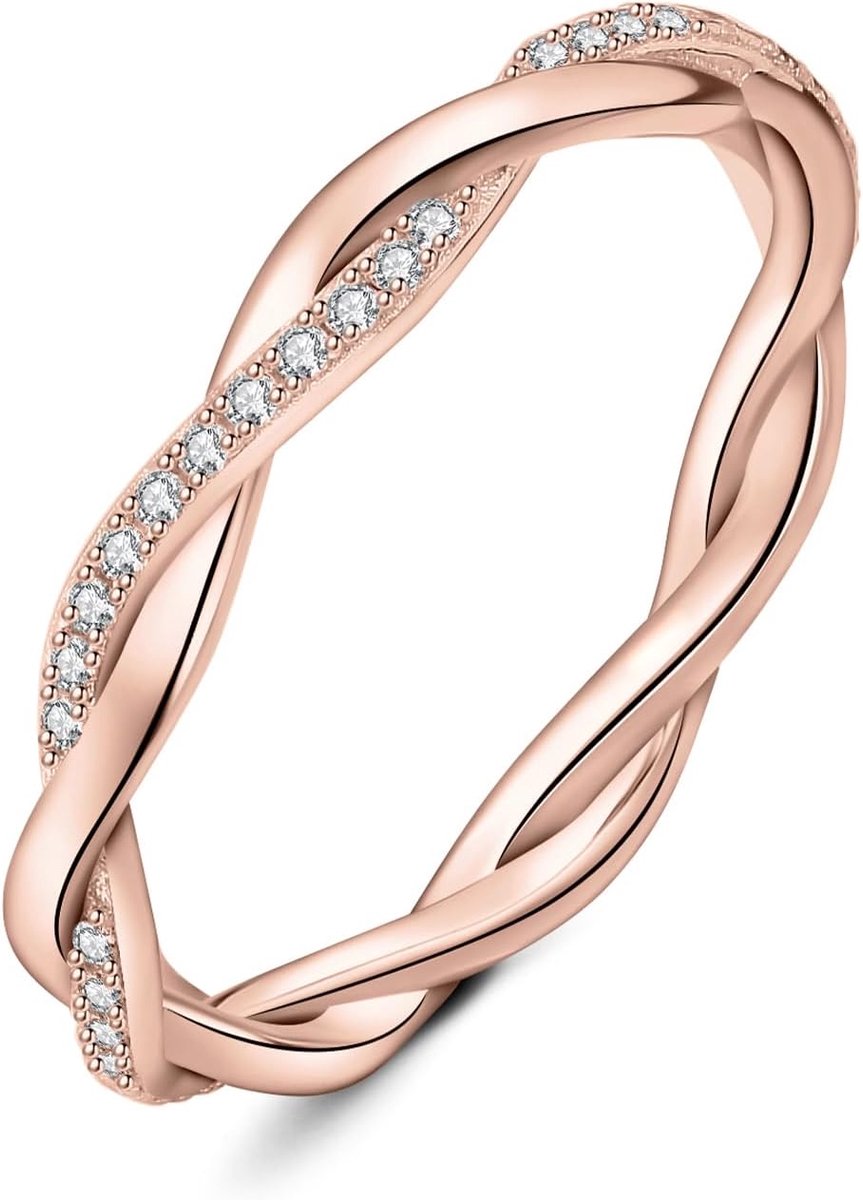 Infinity touw gedraaide moissaniet band ring dames, oneindigheid 14K roségoud vergulde damesring, trouwringen gouden ringen smal 57