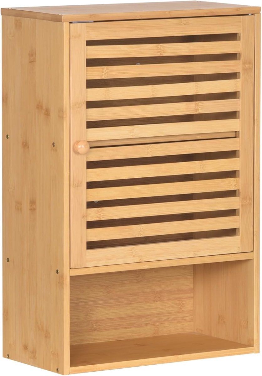 Wandkast van bamboe voor badkamer, hangkast met deur, open planken, badkamerkast over wastafel, toilet, opbergkast, 60 x 40 x 20 cm, naturel
