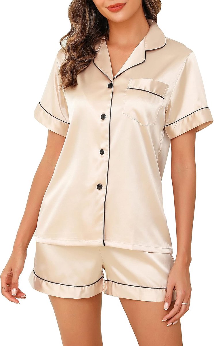 Korte damespyjama voor de zomer, satijn, korte mouwen, 2-delig, superzacht, zijden pyjama met knopen, S-XXL