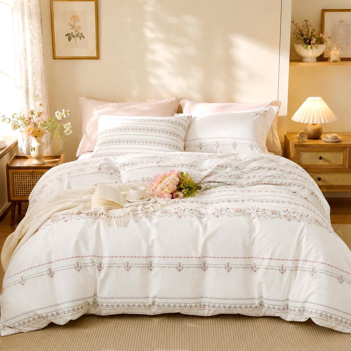 Boho beddengoedset, 135 x 200 cm, katoen, bloemen, wit, 100% katoen beddengoedset met ritssluiting, OEKO-TEX beddengoed geschikt voor mensen met allergieën, 1 dekbedovertrek & 1 kussensloop
