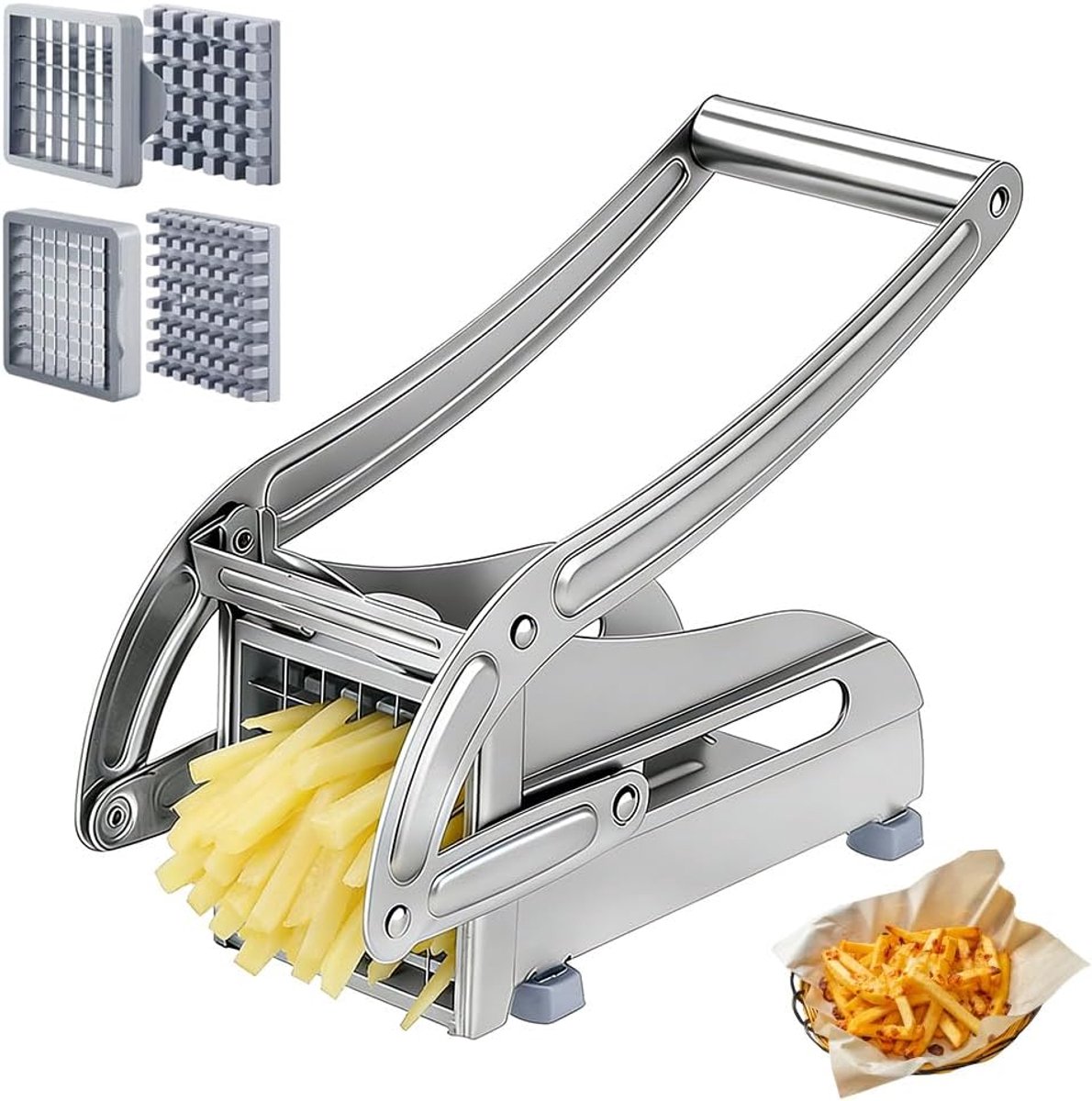 Roestvrij staal, aardappelsnijder, schijven met 2 mesmaten, aardappelsnijder voor zelfgemaakte friet, frietsnijder van roestvrij staal met antislip zuigtechnologie