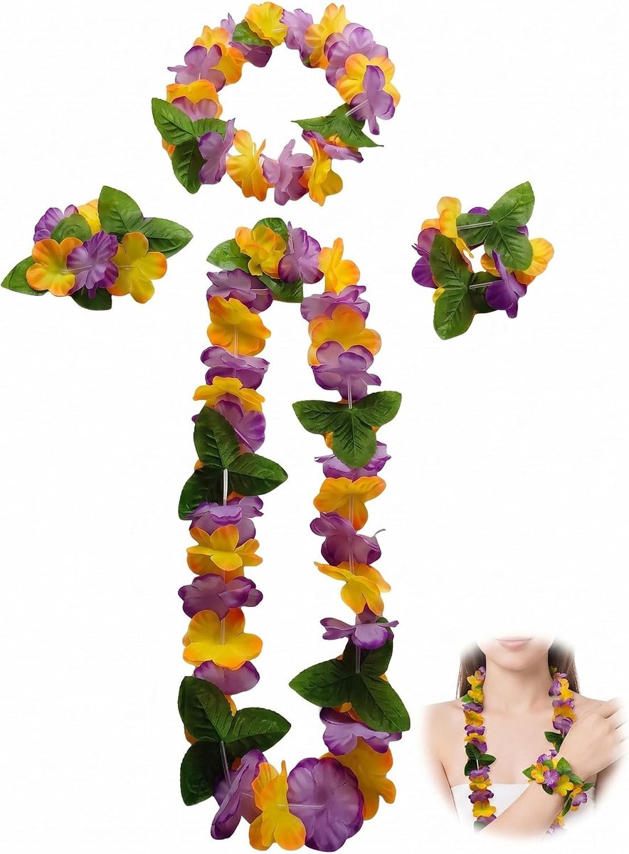 Bloemenkransset, 4-delig, levendig hula-kostuum, accessoires voor themafeesten, luau en strandfeesten, carnavalsoutfit voor dames en meisjes.