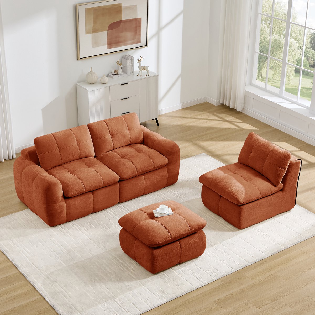 MIVRAY Hoekbank 3-Zits 264 x 160 x 68 Cm L Vormig Modulaire Bank Zonder Montage Met Ottoman Voor Woonkamer Chenille Oranje