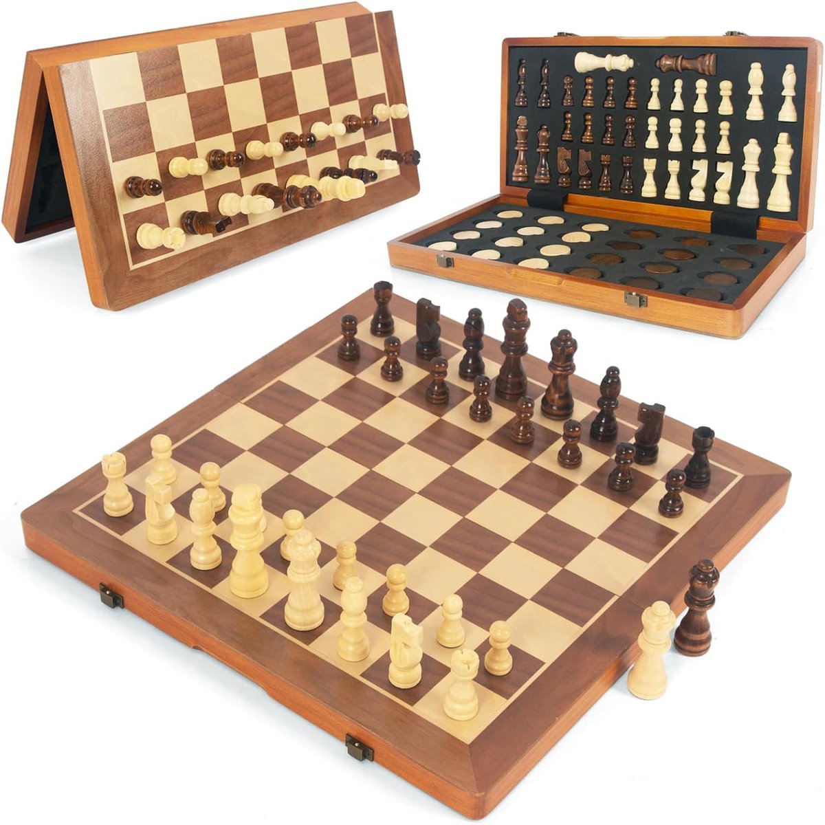 Schaakspel magnetisch hout voor volwassenen en kinderen, opvouwbaar schaakbord, 40 x 40 cm, draagbaar schaakspel, noten- en grenenhout (bruin, 2-in-1)