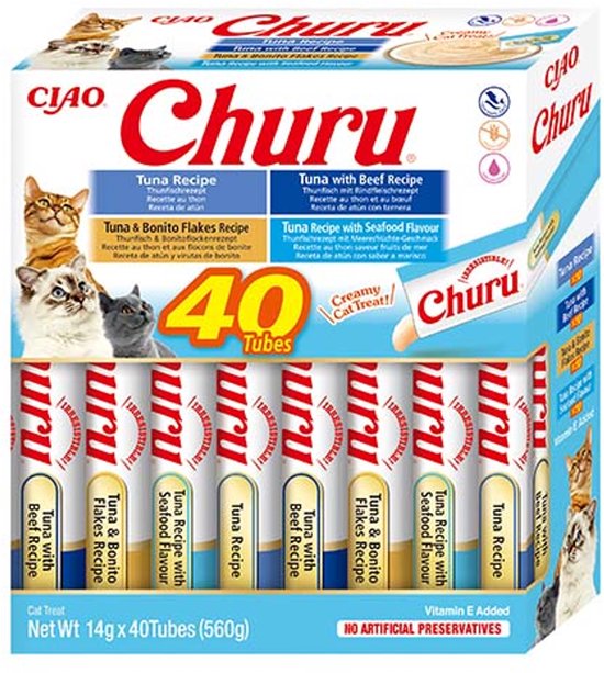 Verpakking van 40 Churu kattensnacks met verschillende smaken: tonijn, tonijn met rund, tonijn en bonito, en tonijn met zeevruchten.