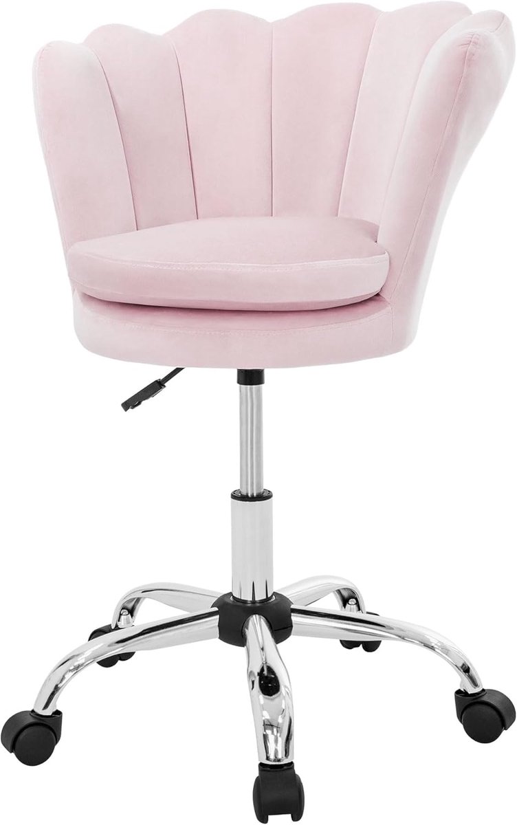 Fluwelen bureaustoel licht roze kaptafel stoel met schelpvormige rug draaibare kinderstoel met wielen in hoogte aanpasbaar gestoffeerde relaxfauteuil slaapkamer ergonomische werkstoel