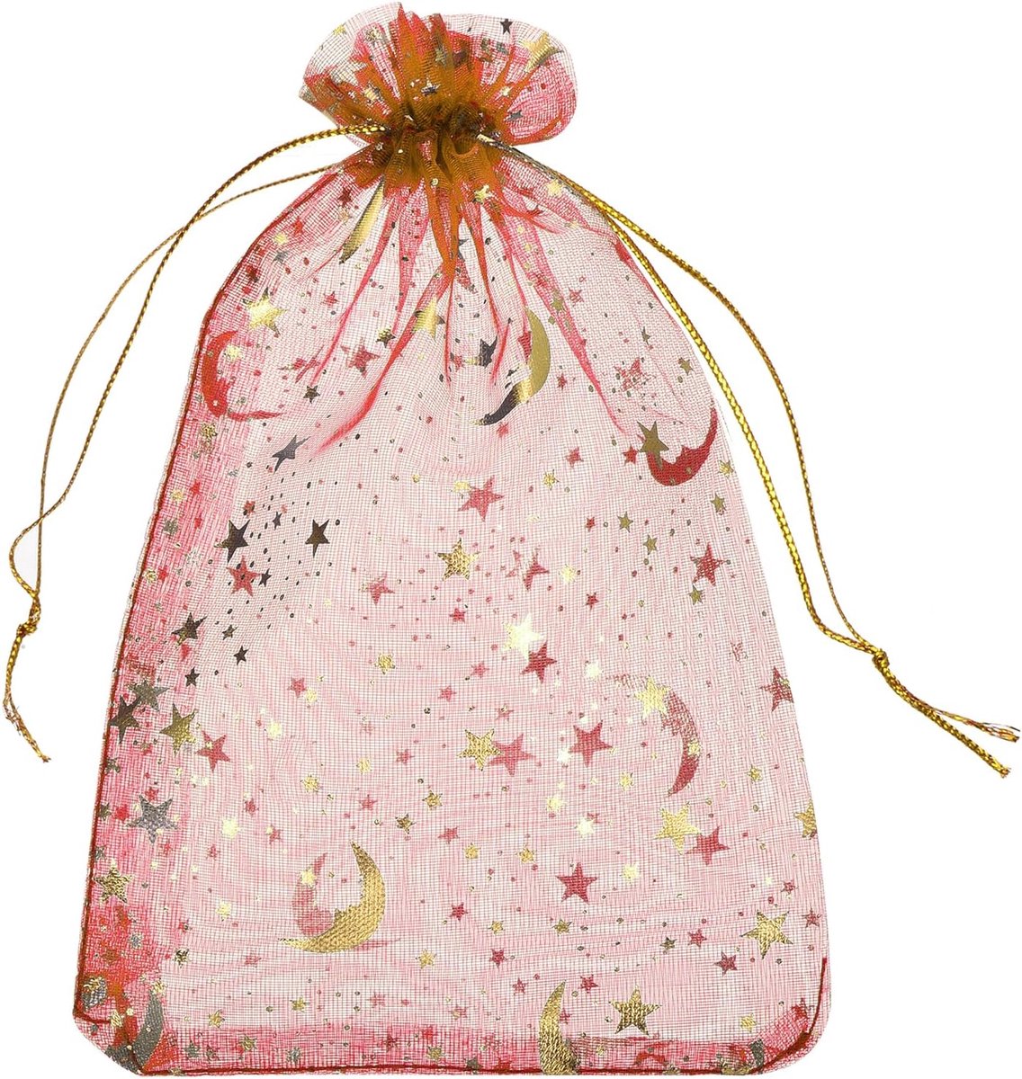 50 stuks organzazakjes, 10 x 15 cm, cadeauzakjes, sieradenzakjes, Moon-Star-patroon, mesh-zakjes met trekkoord, organzazakjes voor bruiloft, feest, Kerstmis, snoep, rood-goud