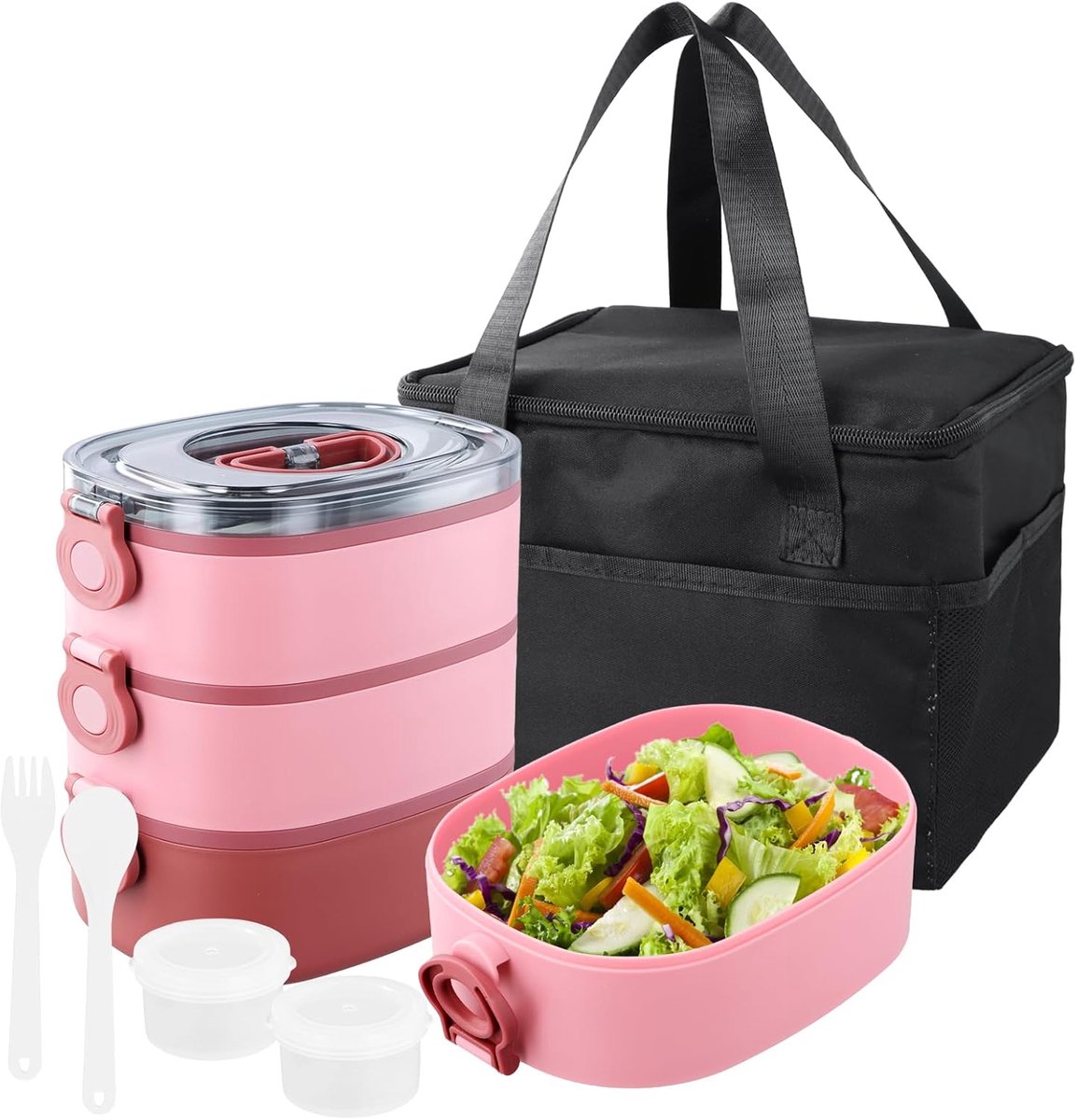 3-in-1 lunchbox met bestek, 2800 ml lunchbox met zak, bento box, 3 vakken met scheidingswanden, verwarmbare container, lekvrij, BPA-vrij, luchtdichte voedselcontainer voor school, kantoor (roze)