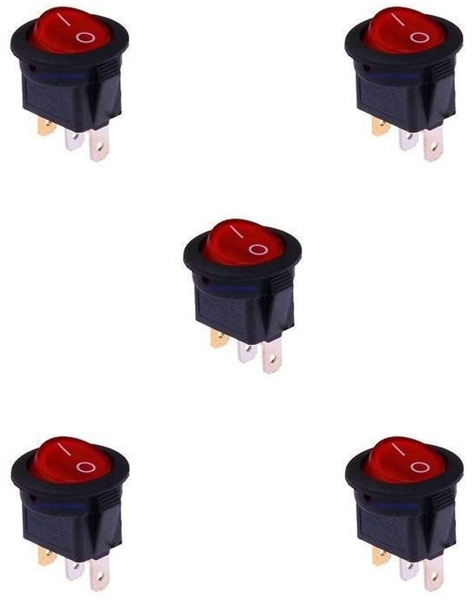 5X Ronde Verlichte Rocker Schakelaars met aan/uit Licht – 3 Pins – Rood – 220 V