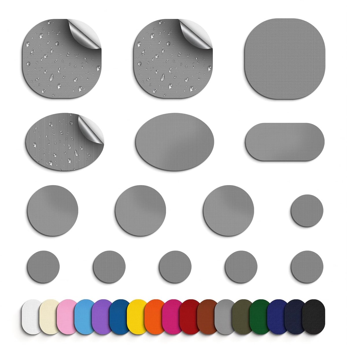 45 stuks donsjackflappen, nylon reparatietape, zelfklevende reparatieflappen voor jack, tent, bovenkledingreparatie, ronde en ovale vorm, donkergrijs