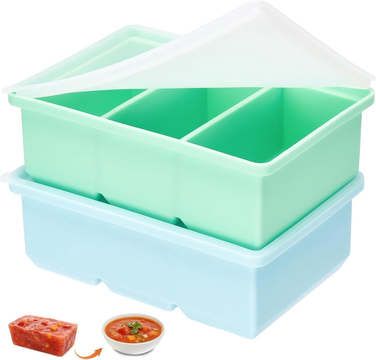 Set van 2 soepvriescontainers, siliconen vriesbakjes met deksel, BPA-vrij, levensmiddelen, soepvriezer, ijsblokjesvorm voor bouillon, saus, ijs (blauw + groen)