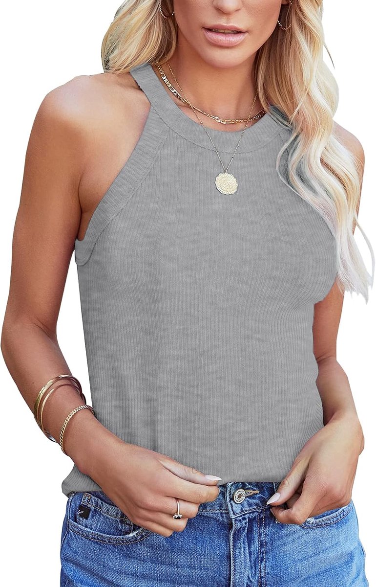 Tanktop voor dames, racerback, ronde hals, basic slim fit shirts, elegante bovenstukken, geribbeld, gebreide cami, top, sexy