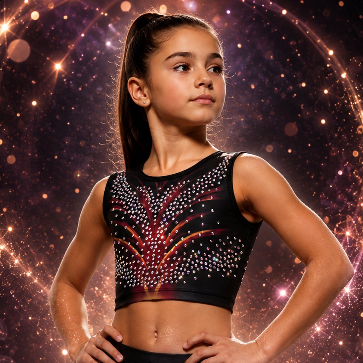 Fairysports Turntopje Grace Bruin topje maat 116-122 meisjes gympakje bruine oranje met gekleurde steentjes