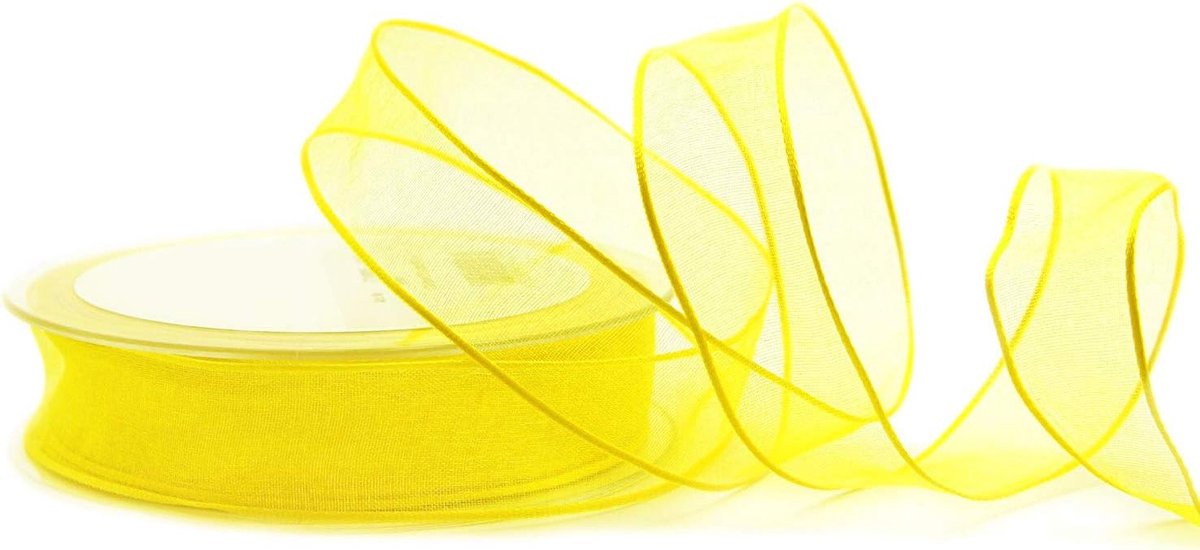 20 m x 25 mm, decoratieband, chiffon, lichtgeel, cadeaulint, lint, transparant organza met vormvaste randen, premium kwaliteit, bruiloft, verjaardag, chiffonlint, eenkleurig