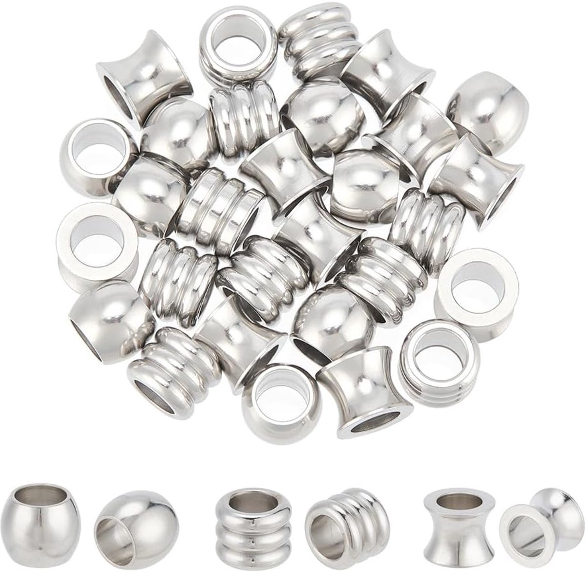 30 stuks, 3 stijlen, vas/kolom/vat, Europese kralen van roestvrij staal, losse kralen, 6 mm, grote kraal voor het maken van sieraden, kleur roestvrij staal