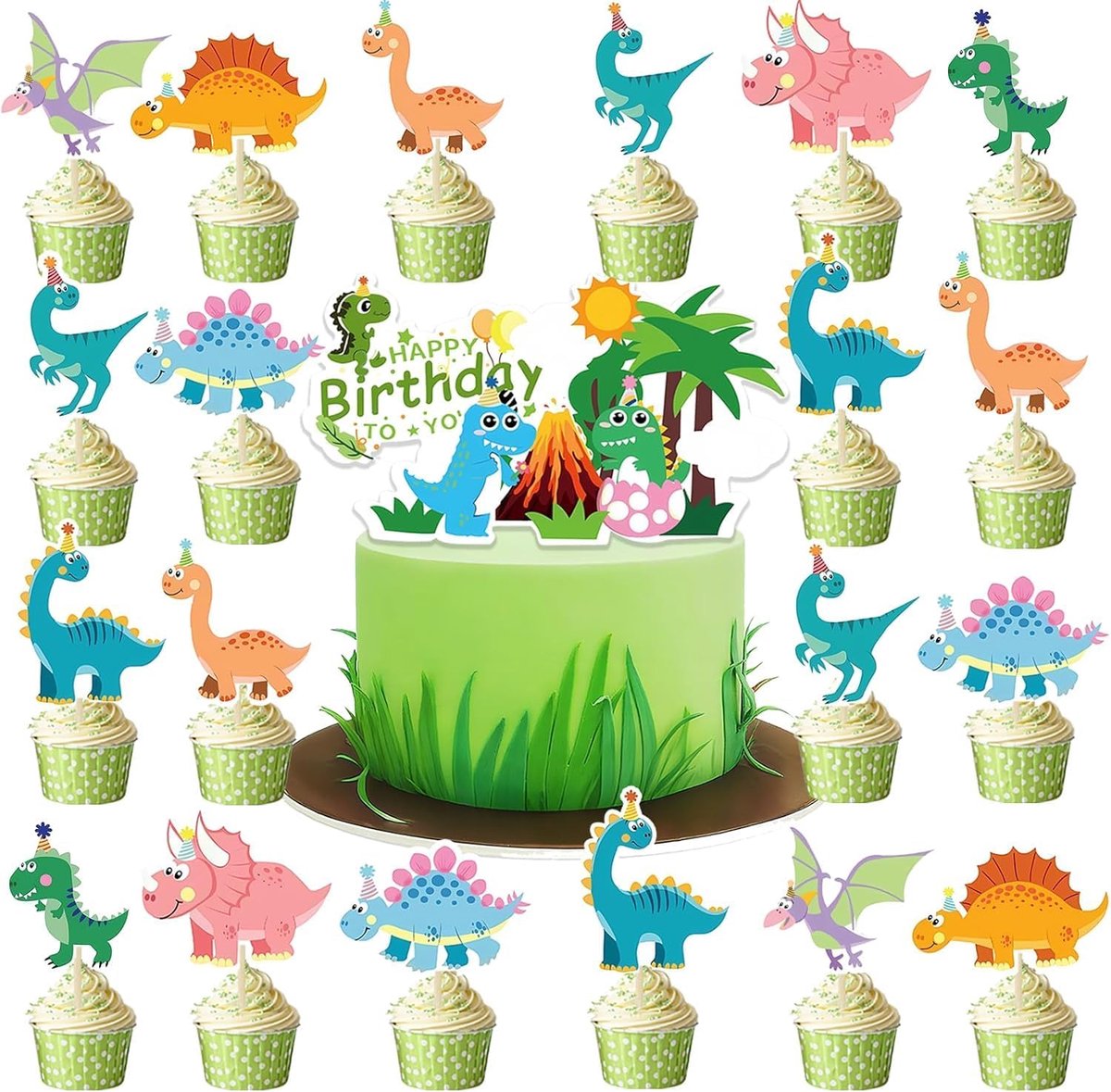 33 Stk. Dinosaurus Happy Cake Topper - Dino Baby Shower Happy Party Decoratieborden, Cupcaketopper, Feestaccessoires Decoratie voor Kinderen, Jongens, Meisjes