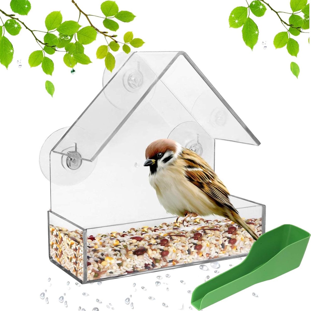 Vogelvoederhuisje voor ramen, wordt voor de meeste vogels gebruikt, 3 zuignappen, voederstation met dak, met voerlepel, 15 x 15 x 7 cm, acrylglas, pvc