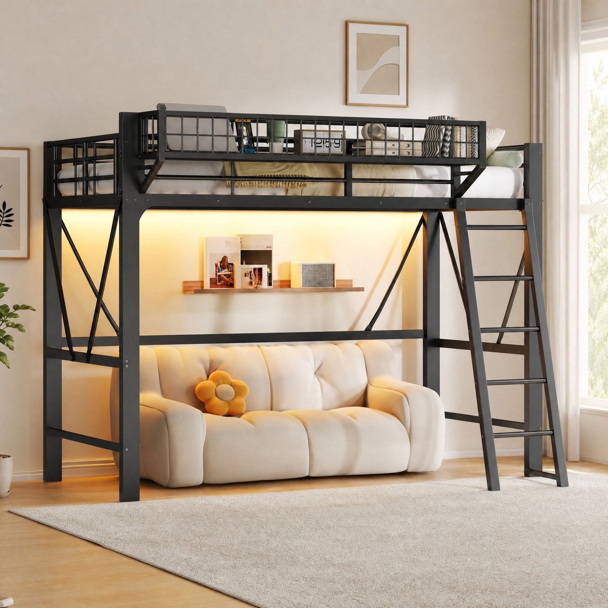 Hoogslaper 90x200cm – Hoogslaper Met Ledverlichting En Opbergbak – Bed Onder Met Veel Ruimte – Voor Kinderen – Metaal – Zwart Zonder Matras