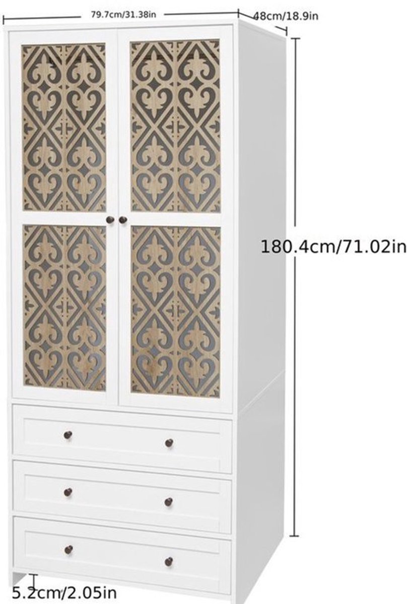 Opbergkast – Kledingkast – Bergkast – Kast Met Laden – Opbergmeubel – Wit – Twee Deuren En Drie Lades – Compact 90L Ruimte