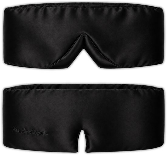 Masque de sommeil en soie noire de PurelyGoods, avec un design ergonomique pour le confort et l'occultation.