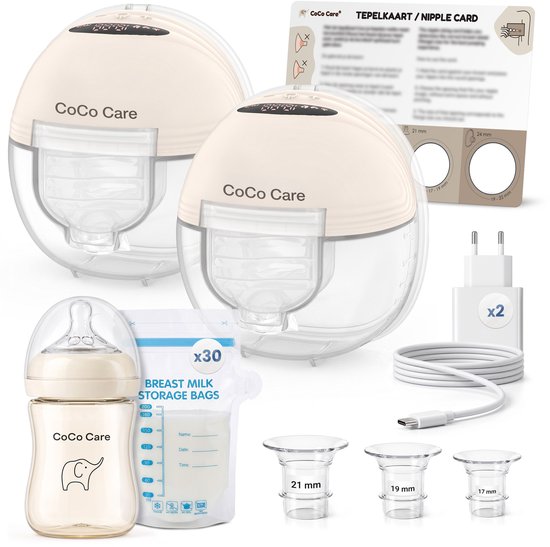Set van beige CoCo Care borstkolven met accessoires: fles, melkzakjes, oplader, USB-C kabel en tepelmaten.