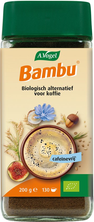 A. Vogel Bambu biologisch alternatief voor koffie. Pot met cafeïnevrije koffievervanger, gedecoreerd met granen, een vijg en een koffiekopje.